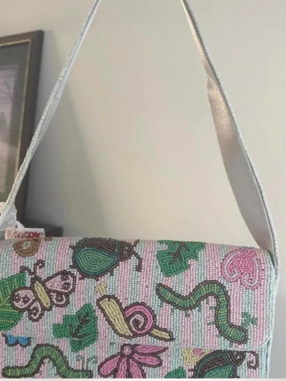 Beaded Pink Butterfly & Garden Pattern Shoulder Bag